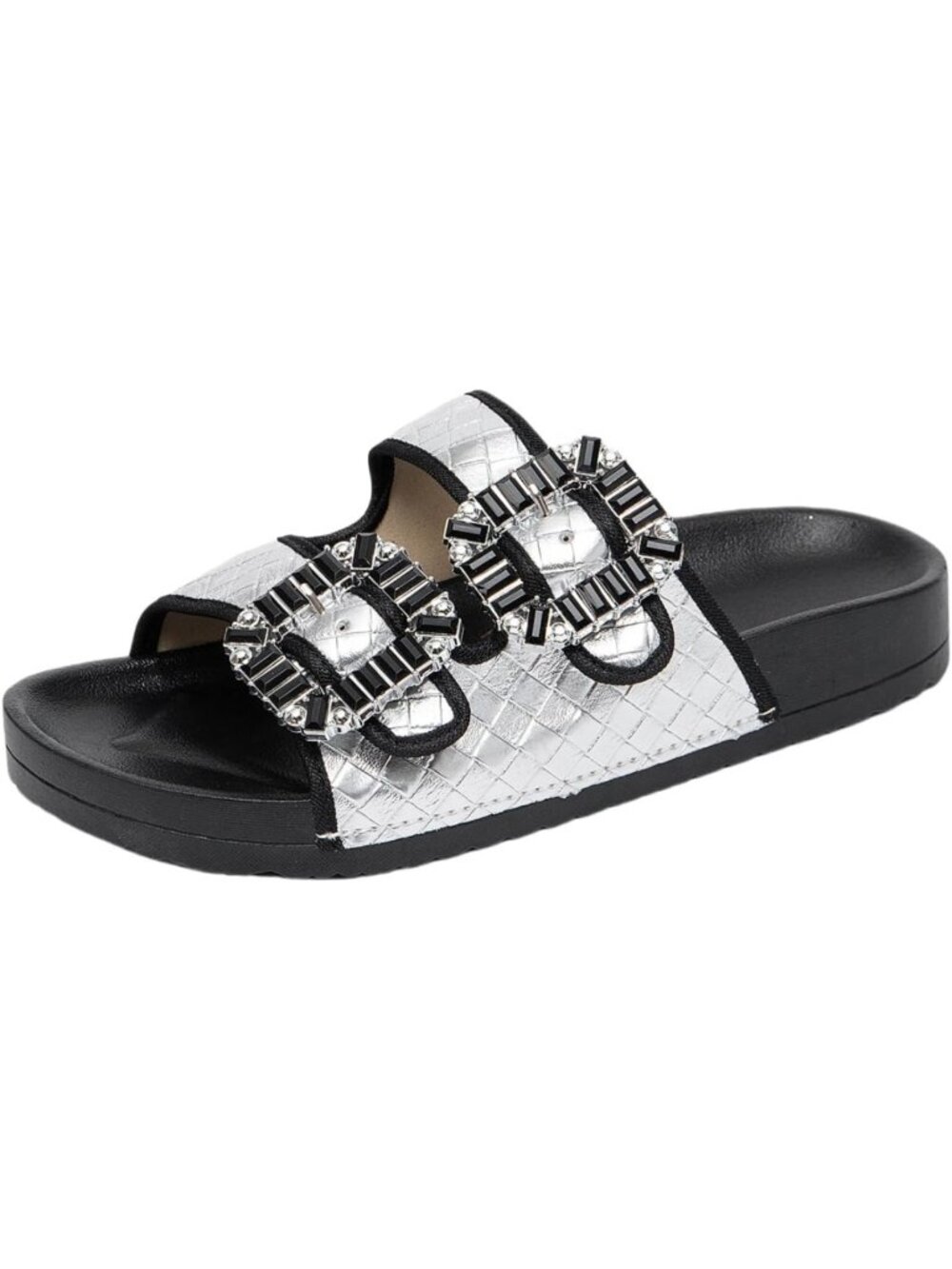 Stylish Women's Silver Crystal Buckle Slides - Quilted Double Strap Comfort